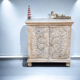 Indian Hand Carved Solid Wooden Cabinet 90x40x90cm Whitewash 02